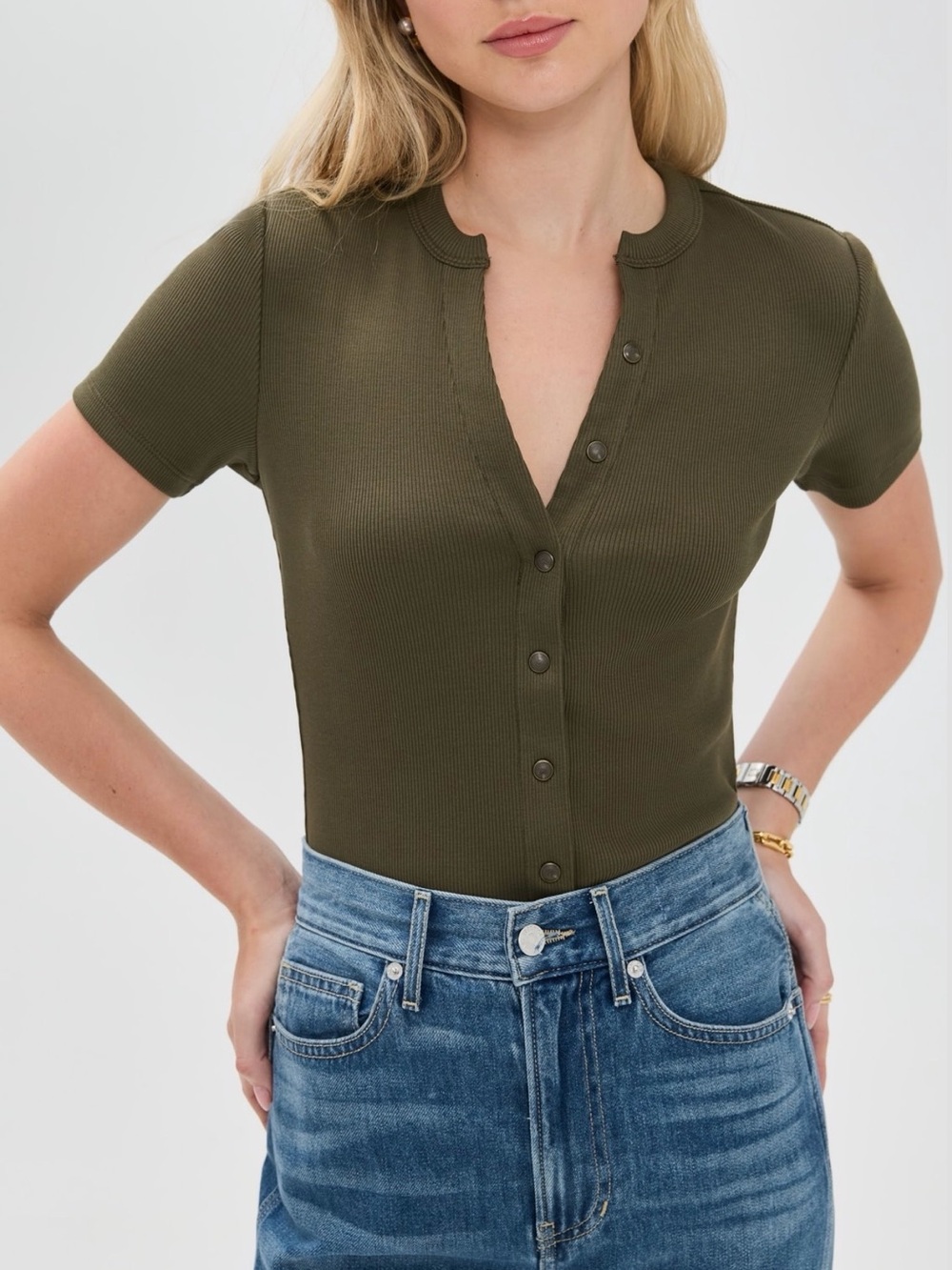 Veronica Beard Jean "Dilia" Ribbed Button-Front Henley Top Green Size XS